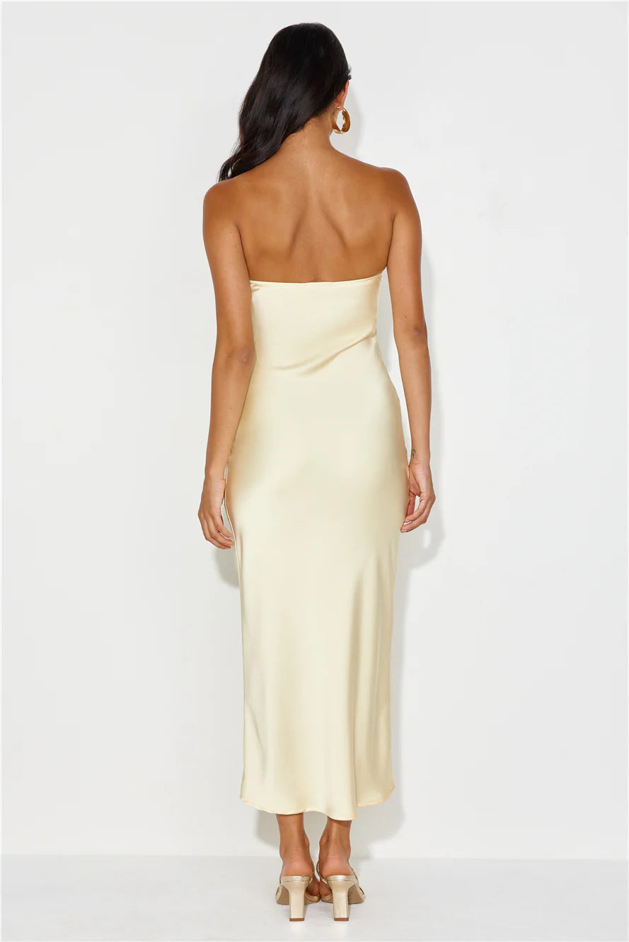 Unlike No Other Strapless Satin Maxi Dress Yellow