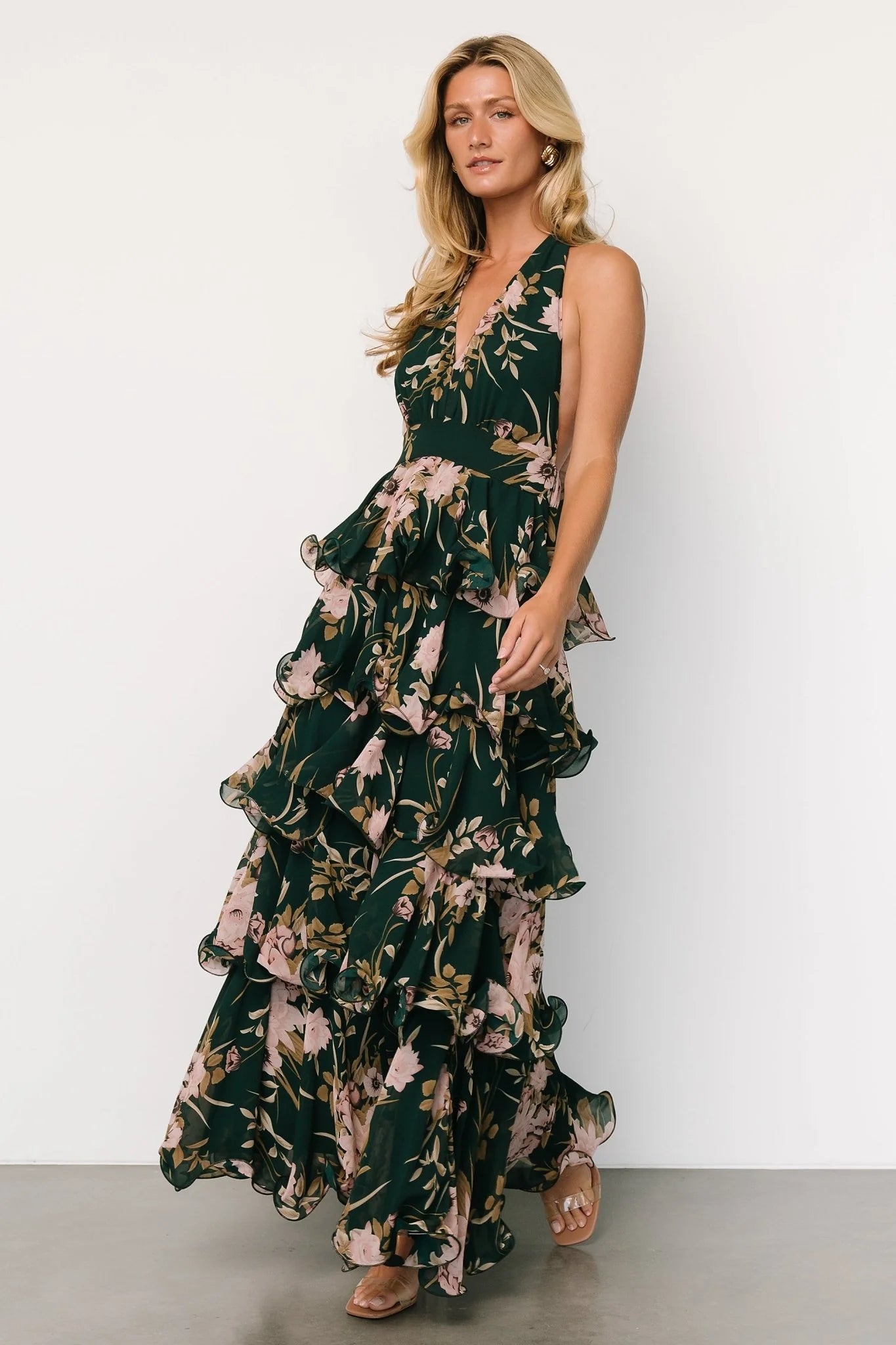 Jesslyn Open Back Tiered Maxi Dress | Green + Pink