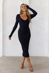 BASE The Must Own Long Sleeve Ribbed Midi Dress Black