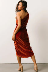 Kourtney Velvet One Shoulder Midi Dress | Rust
