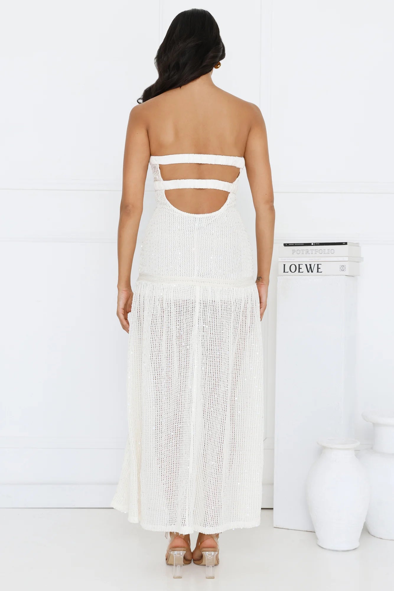 Beach Shimmer Strapless Knit Midi Dress Cream