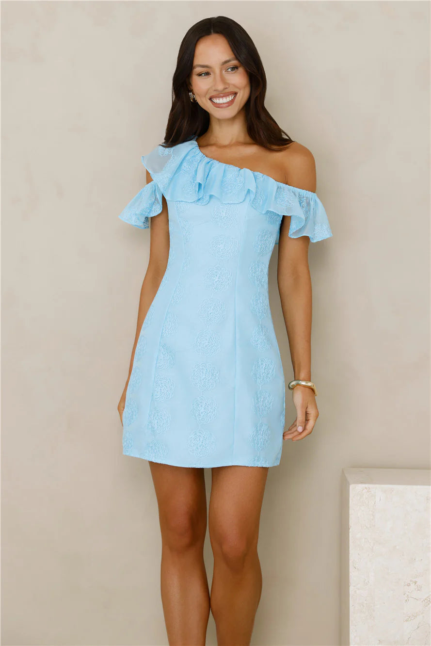 Charmed Light Off Shoulder Mini Dress Blue