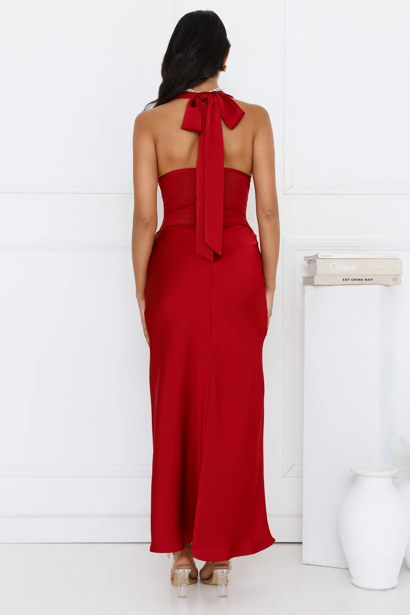 Flowers For Myself Satin Halter Maxi Dress Maroon