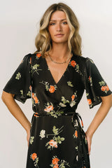 Amara Wrap Dress | Black + Coral Floral