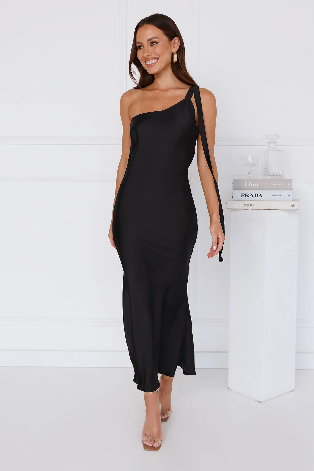 Black Tie Ballroom One Shoulder Satin Maxi Dress Black