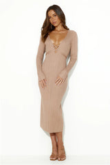 Cold Yet Stylish Long Sleeve Ribbed Midi Dress Tan