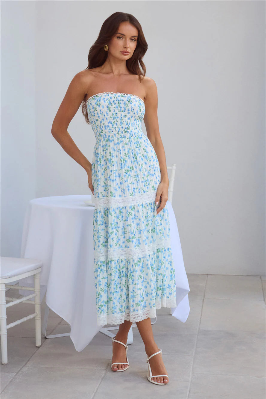 Under Palm Trees Strapless Midi Dress Blue