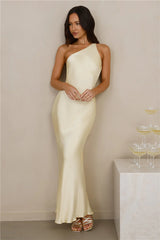 The Evangeline One Shoulder Satin Maxi Dress Yellow