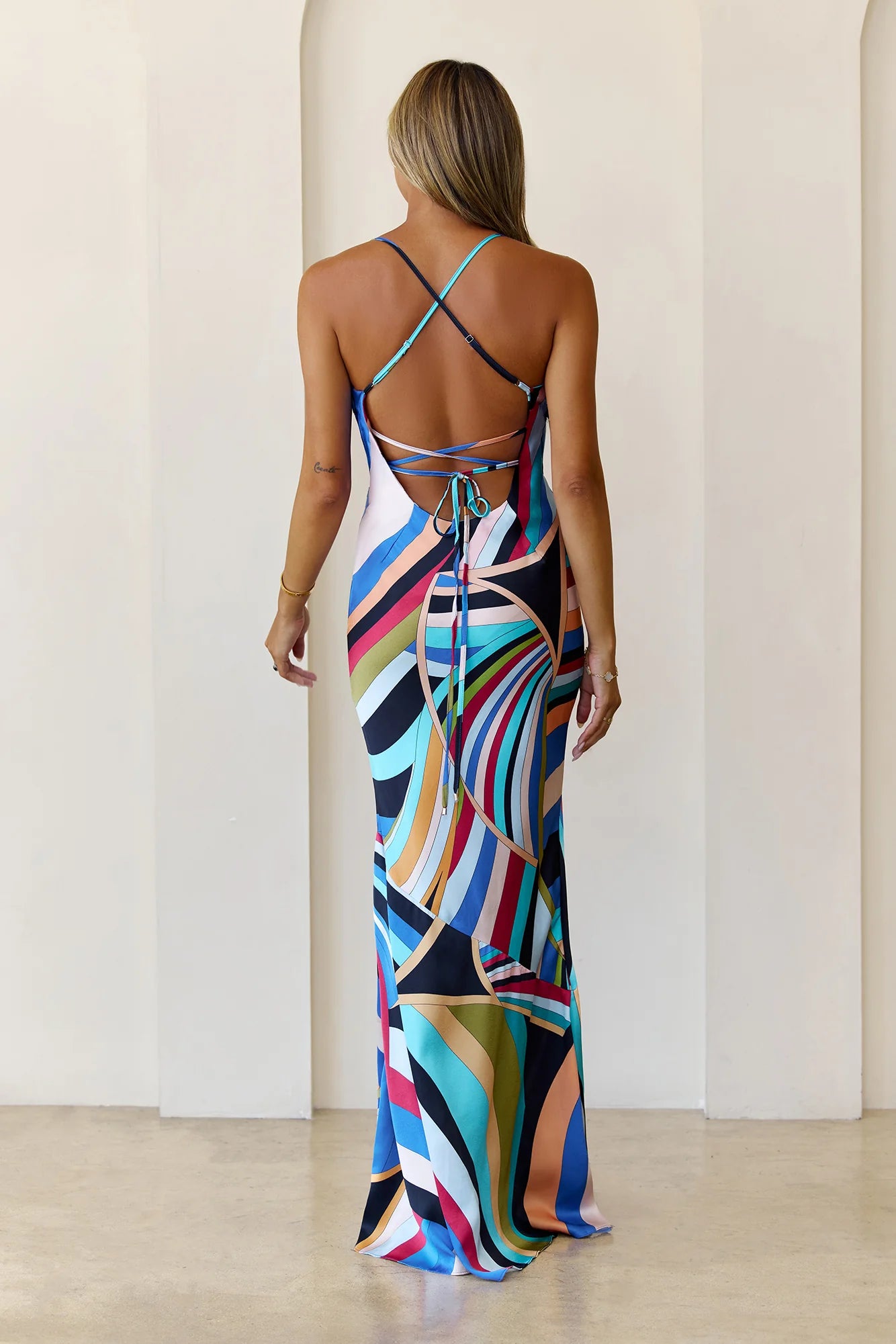 Emilio Bias Lace Up Maxi Dress Blue