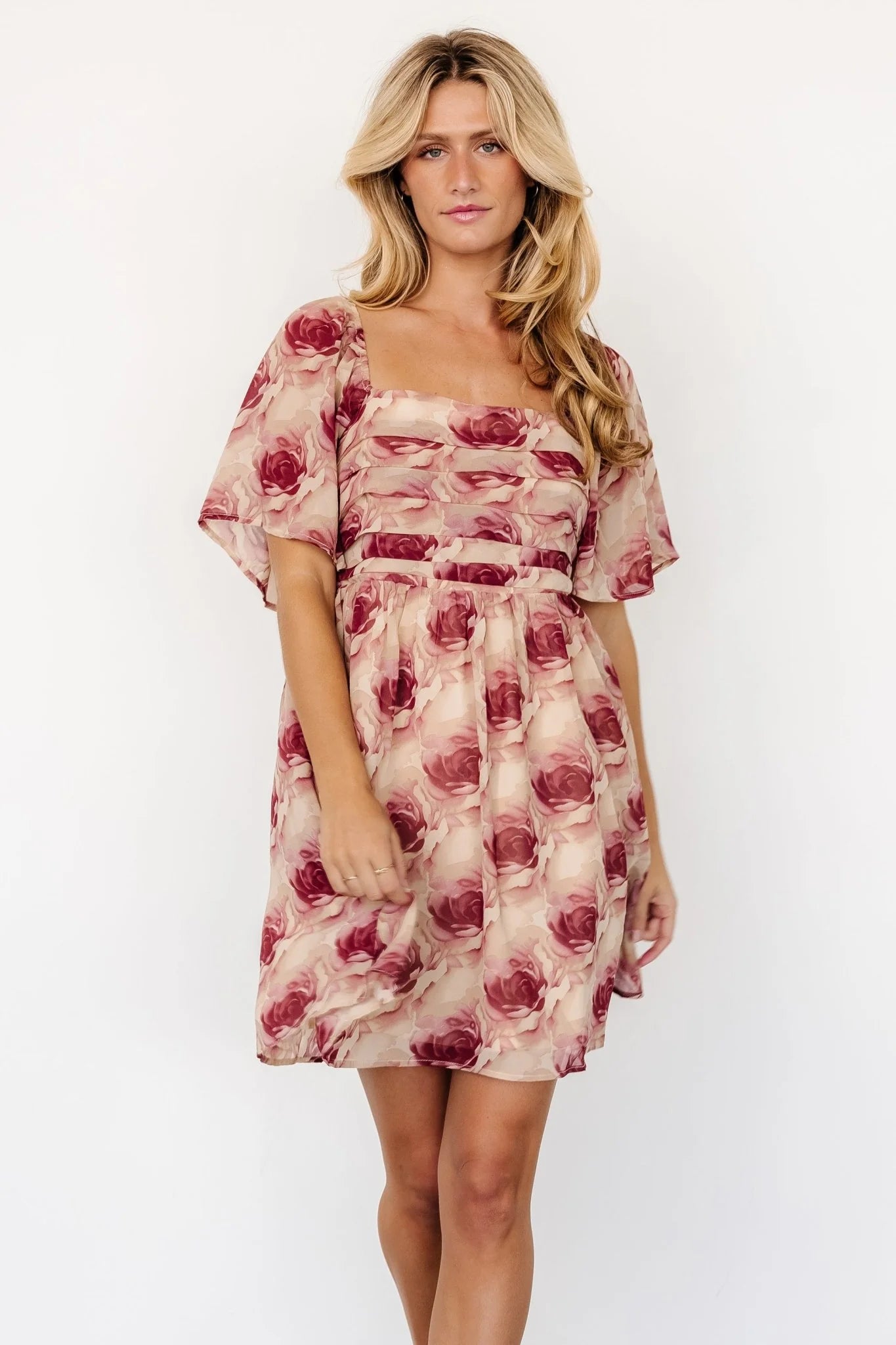 Jaycee Pleated Short Dress | Cream + Burgundy Floral