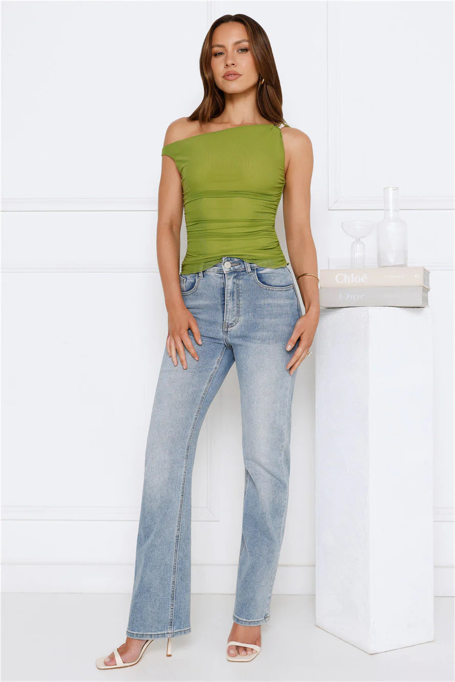 Fun In Motion Mesh Off Shoulder Top Olive