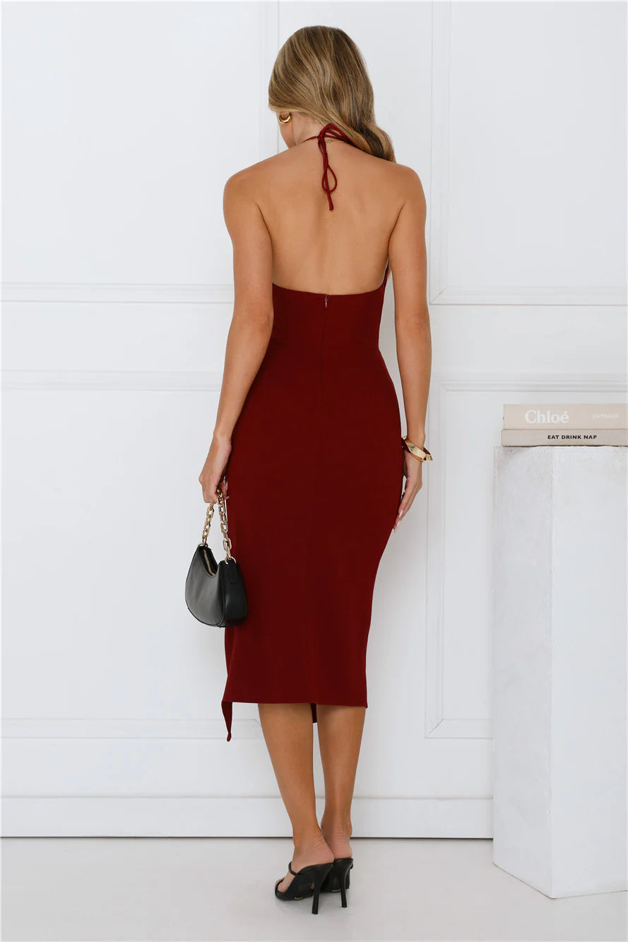By Invite Only Halter Midi Dress Maroon