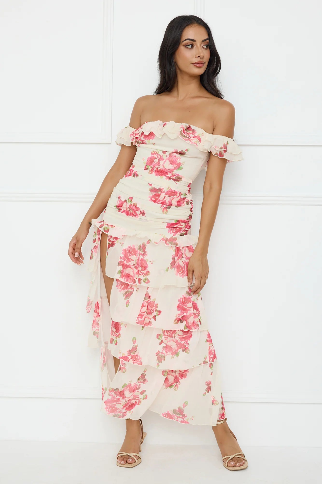Floralicious Off Shoulder Maxi Dress Cream