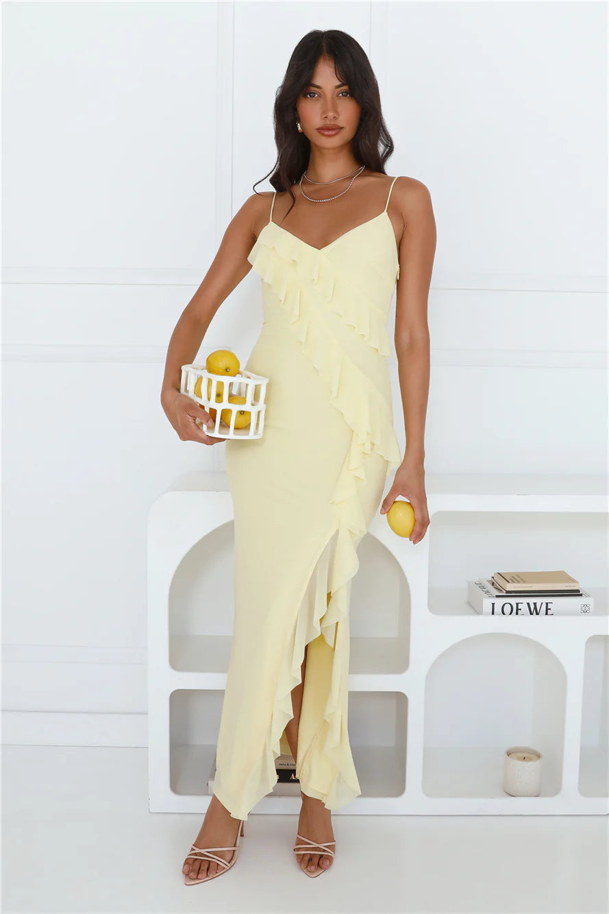 Flaunt It Girl Frill Mesh Maxi Dress Yellow