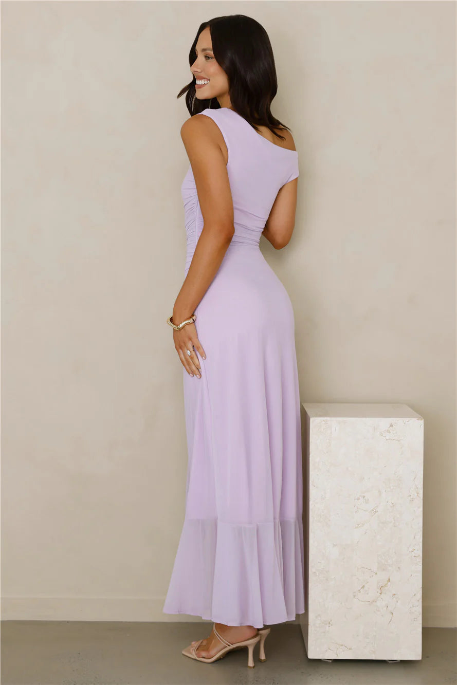 Effortless Story Off Shoulder Mesh Midi Dress Lilac