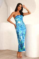 Crystals Strapless Satin Maxi Dress Blue