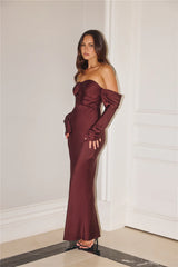 Elegant Chic Off Shoulder Long Sleeve Satin Maxi Dress Chocolate