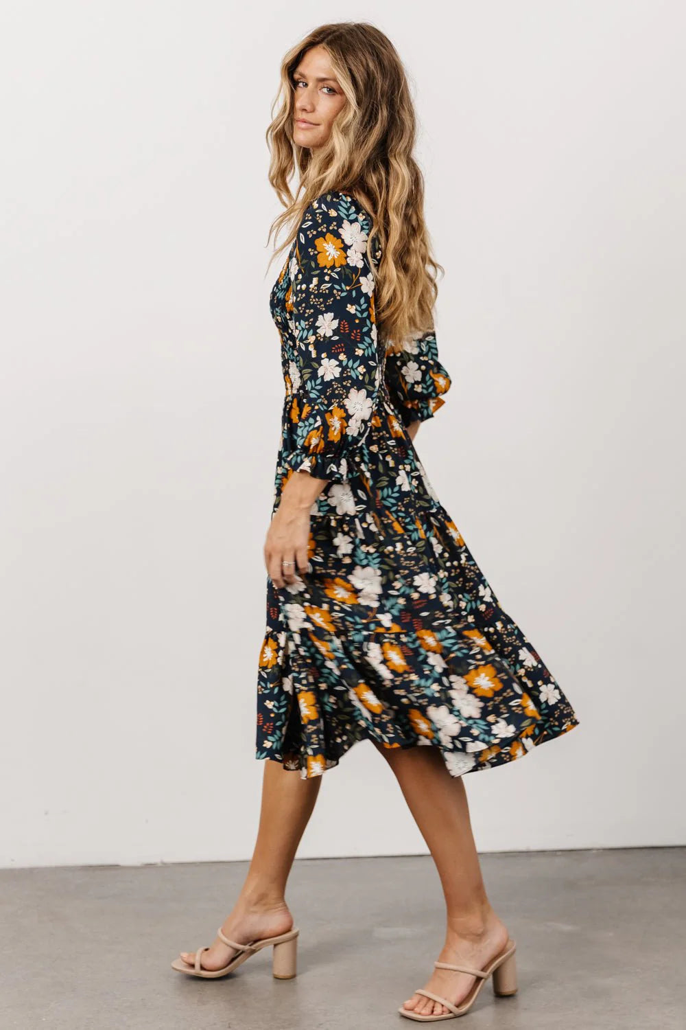 Marta Smocked Midi Dress | Dark Blue Vintage Floral