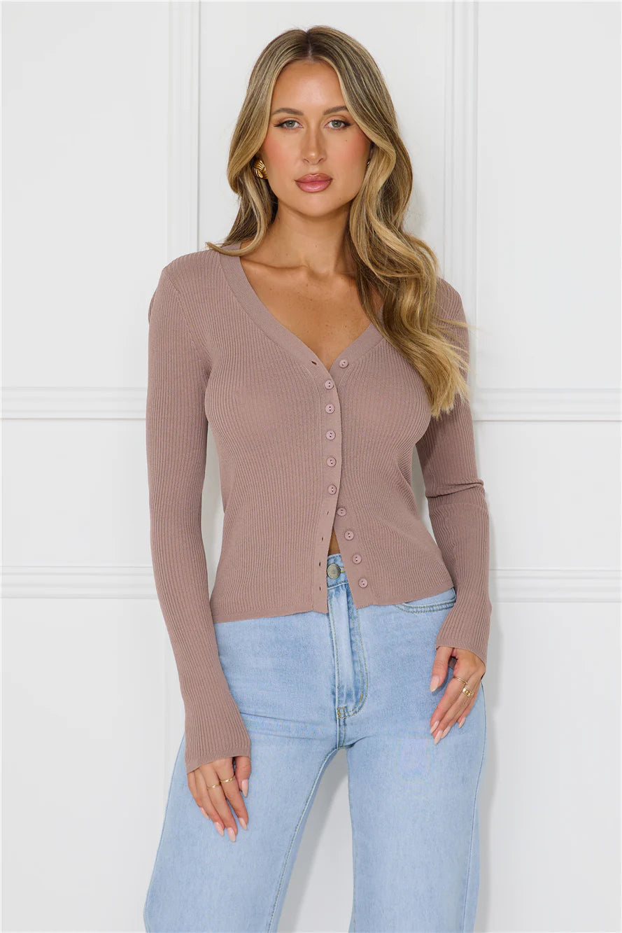 Buttoned Up Ribbed Long Sleeve Top Brown