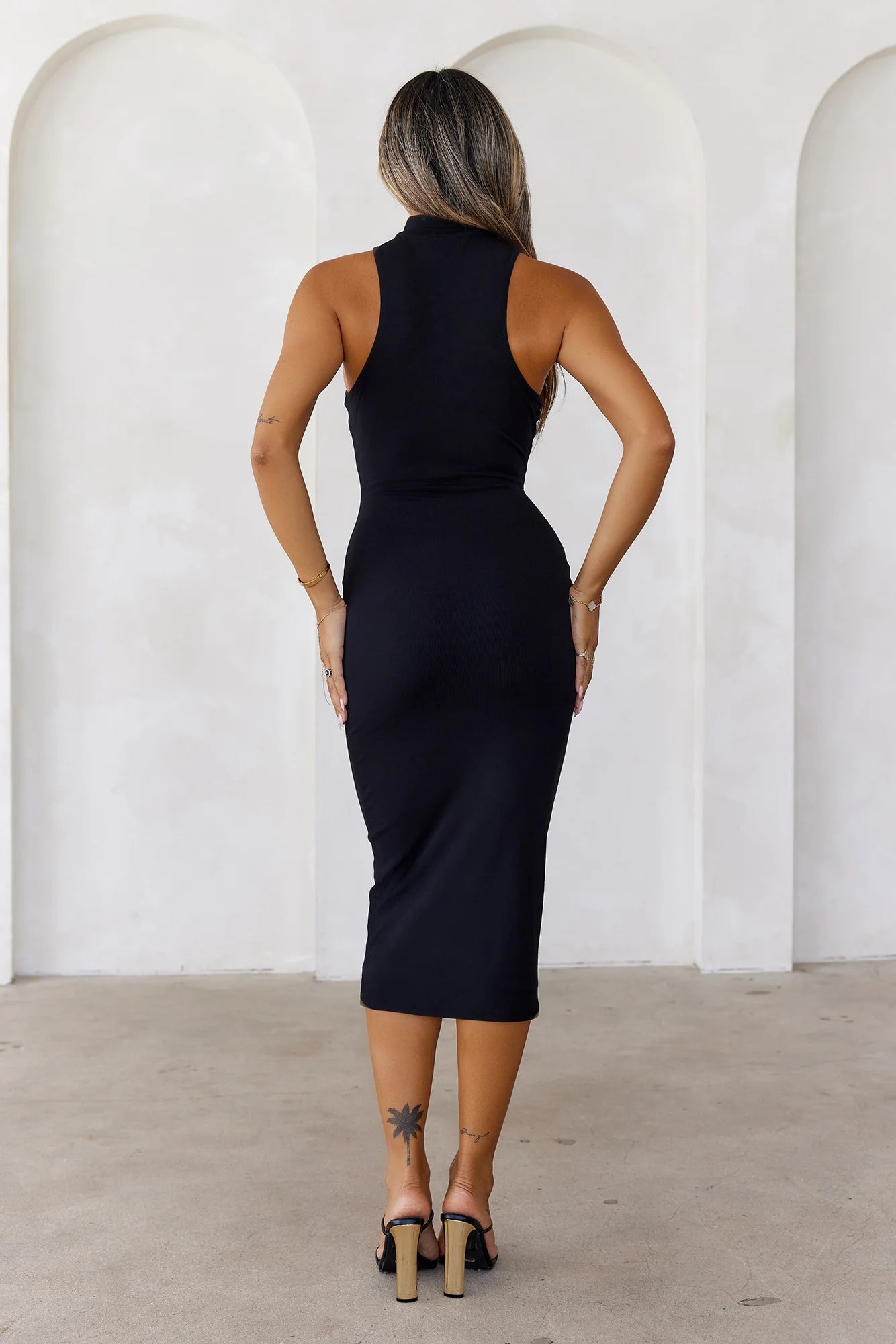 BASE The High Neck Ribbed Bodycon Midi Dress Black
