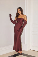 Elegant Chic Off Shoulder Long Sleeve Satin Maxi Dress Chocolate