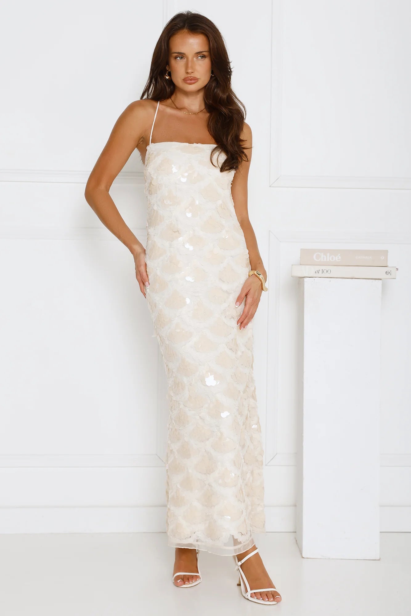 After Party Edit Halter Sequin Maxi Dress Cream