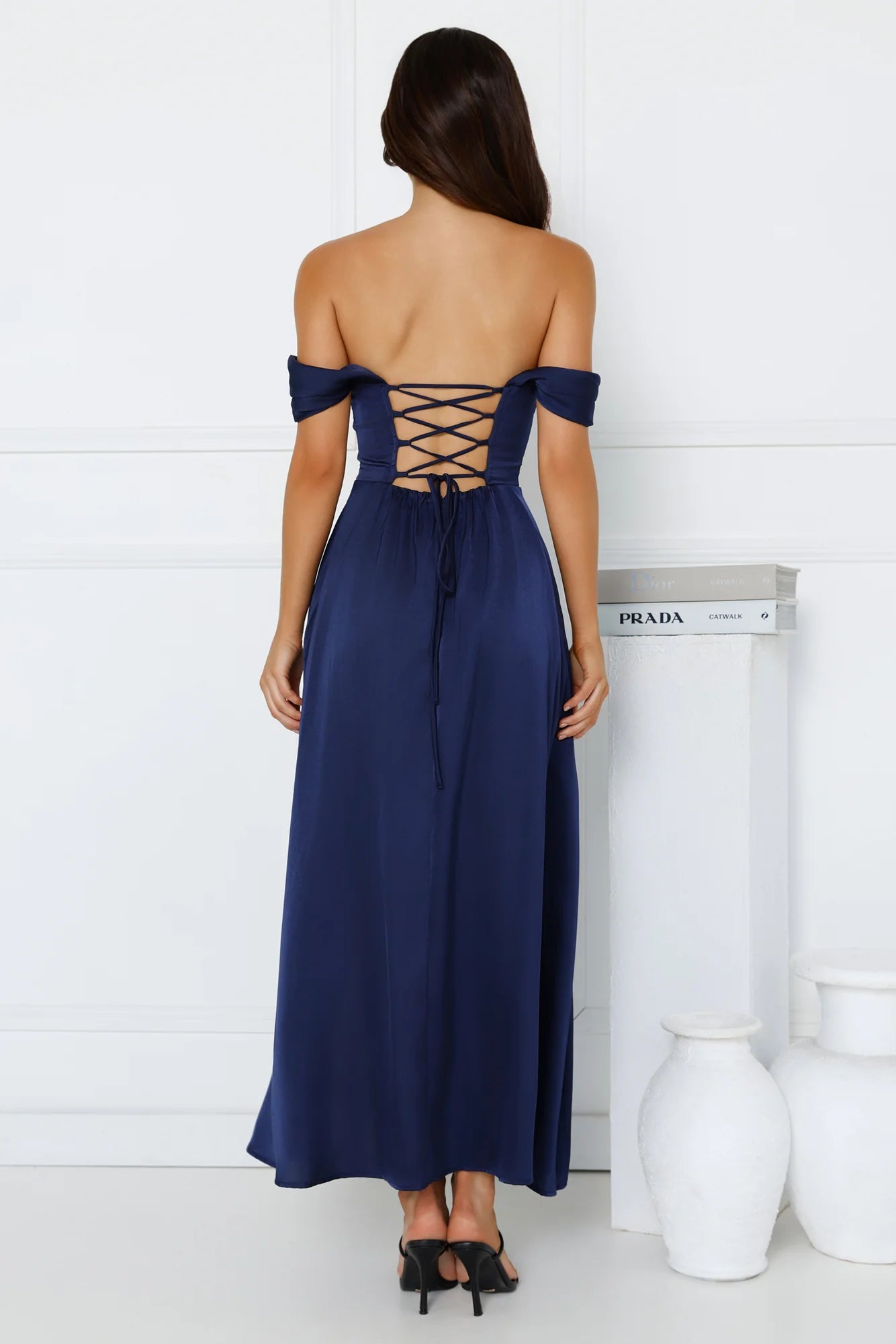 Golden Affair Off Shoulder Satin Maxi Dress Navy