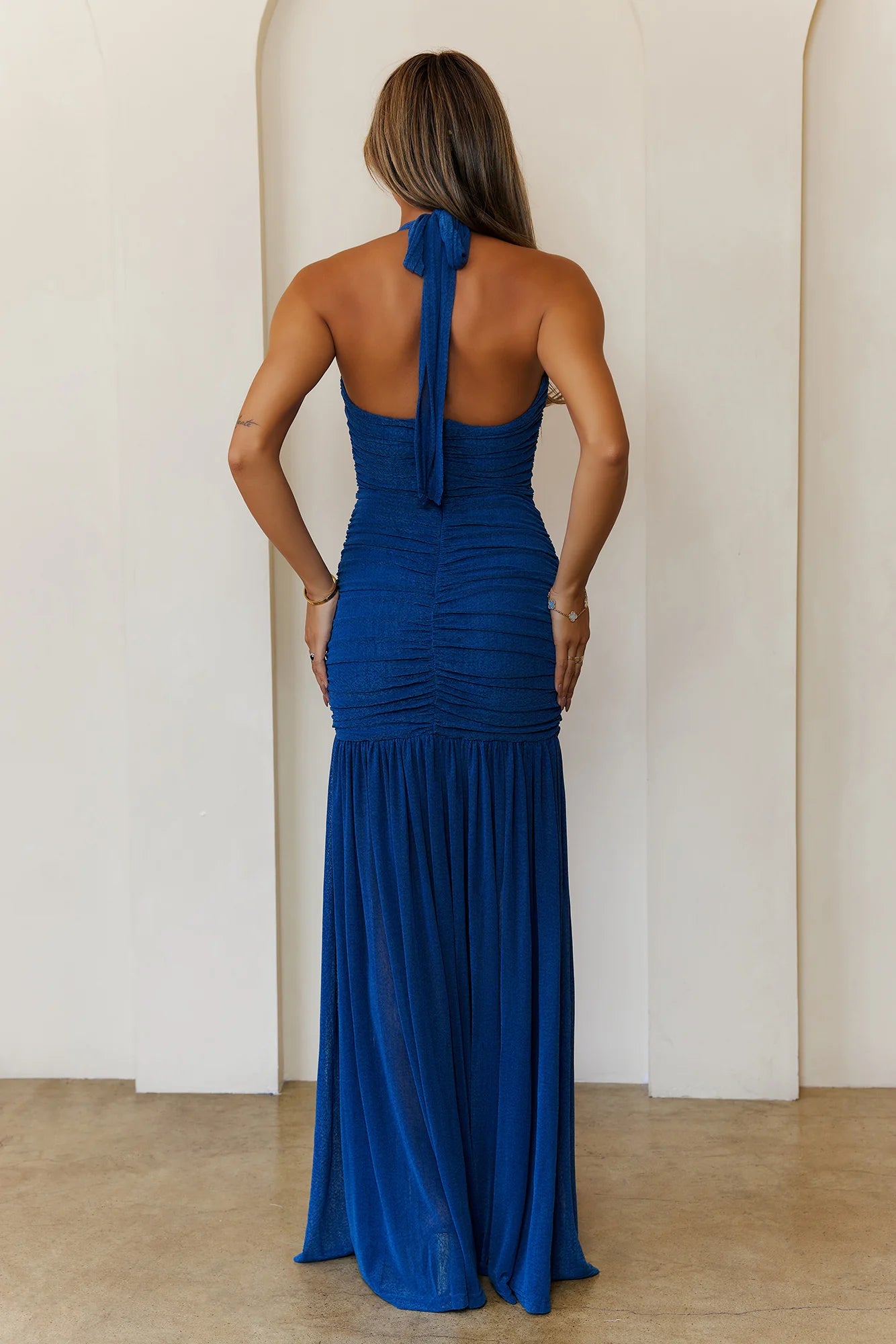 Evelyn Luxe Mesh Halter Maxi Dress Teal