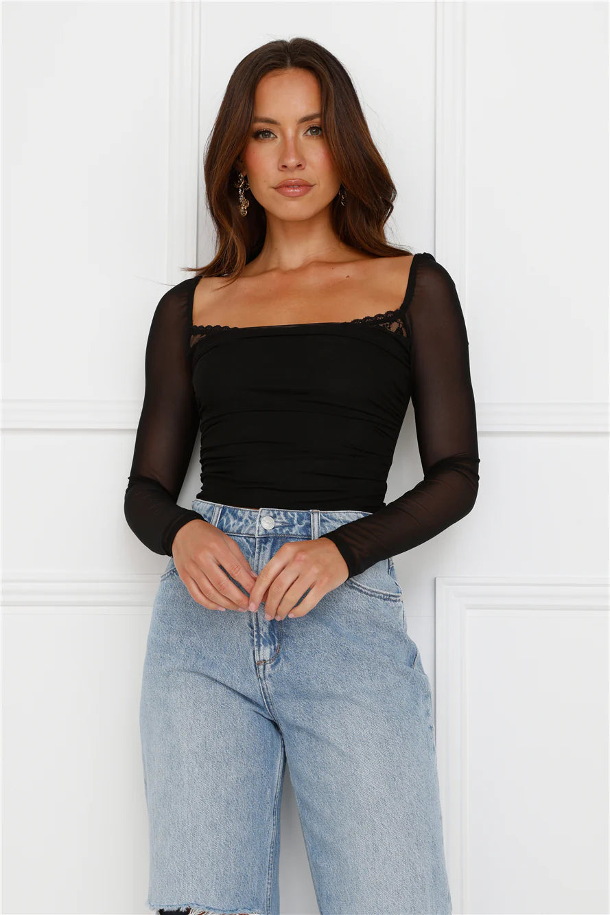 Decadent Style Mesh Long Sleeve Crop Top Black
