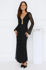 Golden Flower Mesh Long Sleeve Maxi Dress Black