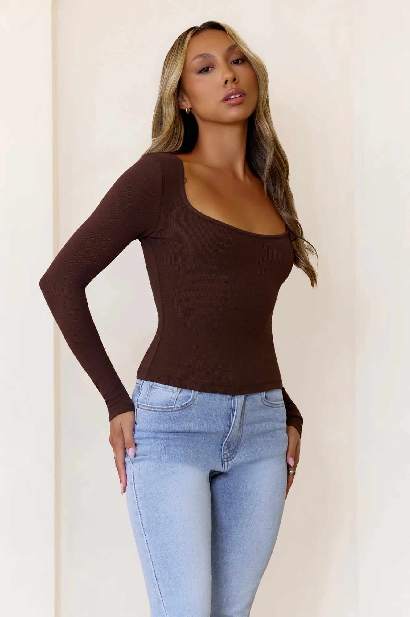BASE Luxe Rib Wear Now Long Sleeve Top Chocolate