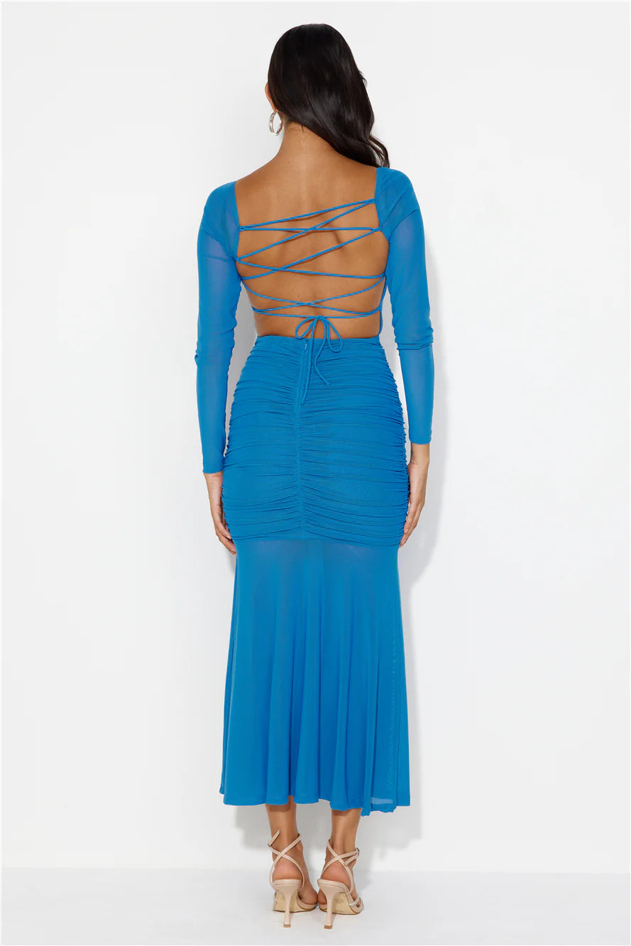 Grand Gesture Long Sleeve Mesh Maxi Dress Blue