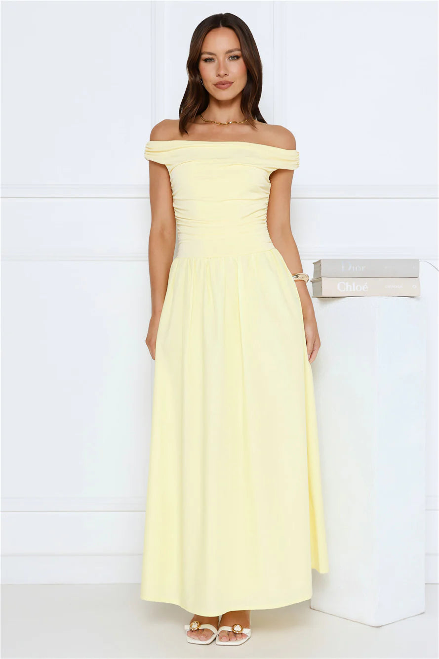 Camellia Charm Off Shoulder Maxi Dress Yellow