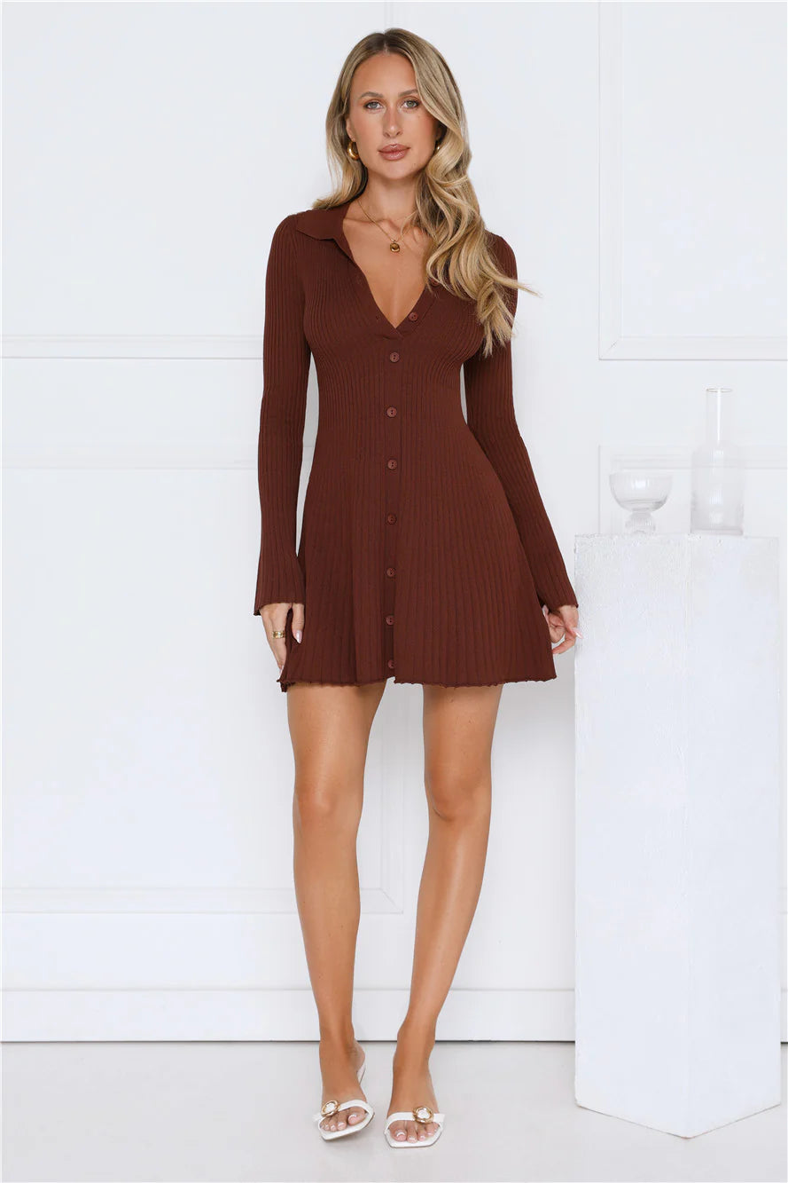 Autumn Luxe Long Sleeve Knit Dress Brown