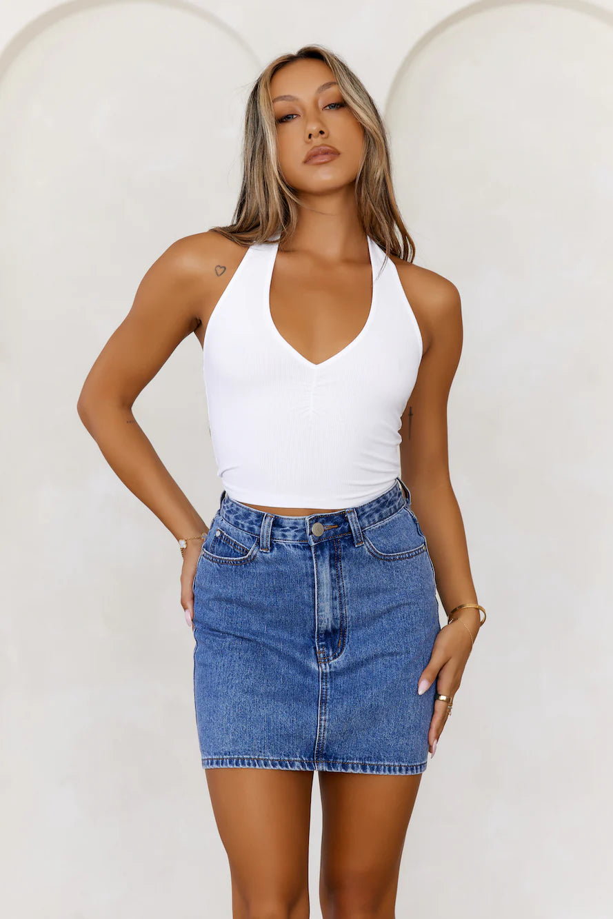 BASE The Only Ribbed Halter Crop Top White