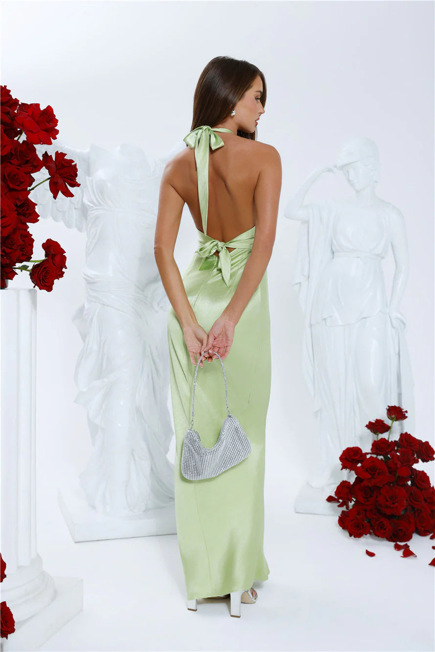 Clover Fields Satin Halter Maxi Dress Lime