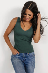 Sia Ribbed V Neck Tank Top | Winter Green