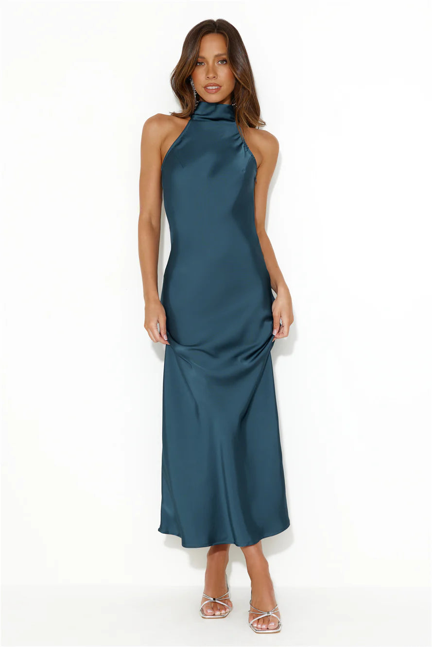 Crystal Glass Satin Maxi Dress Teal