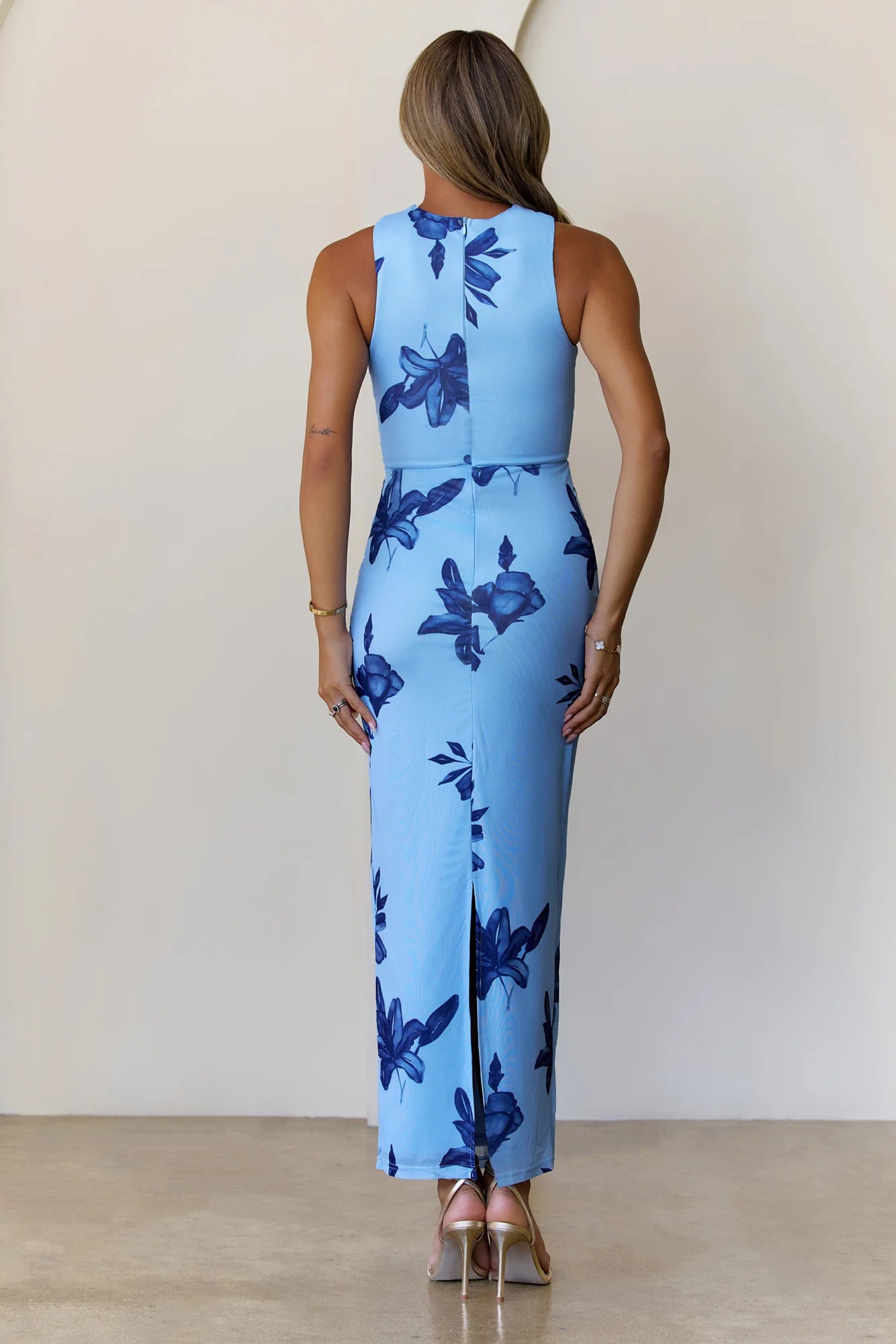 Gilded Mirage Mesh Maxi Dress Blue