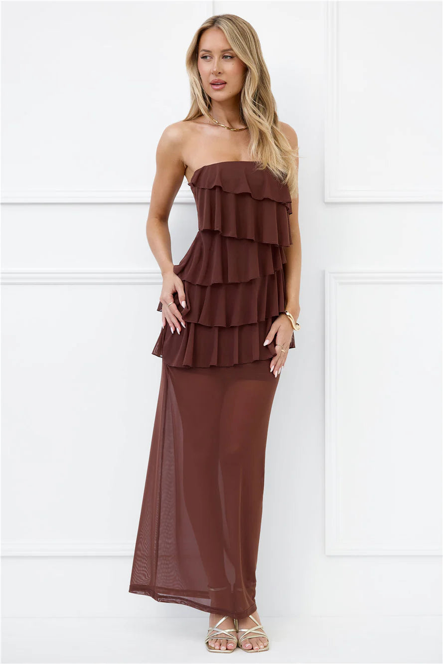 Wisp of Wonder Mesh Strapless Maxi Dress Brown
