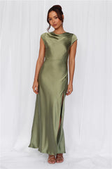 The Valentina Cap Sleeve Satin Maxi Dress Olive