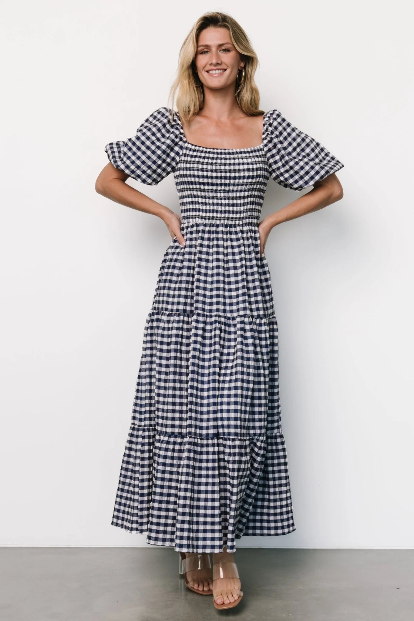Lyndy Smocked Dress | Off White + Blue Gingham