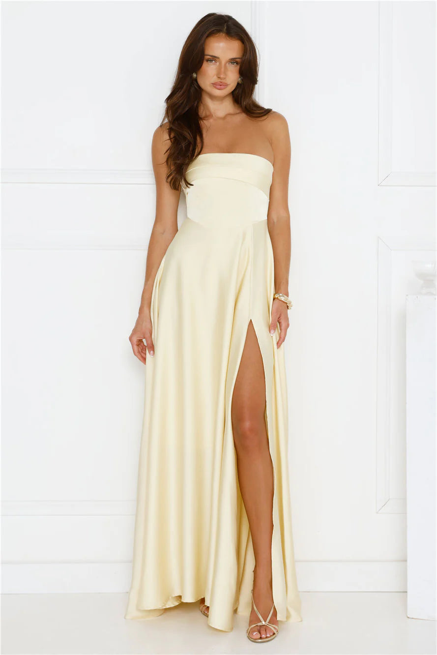 Unspoken Wishes Strapless Satin Maxi Dress Yellow