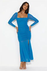 Grand Gesture Long Sleeve Mesh Maxi Dress Blue